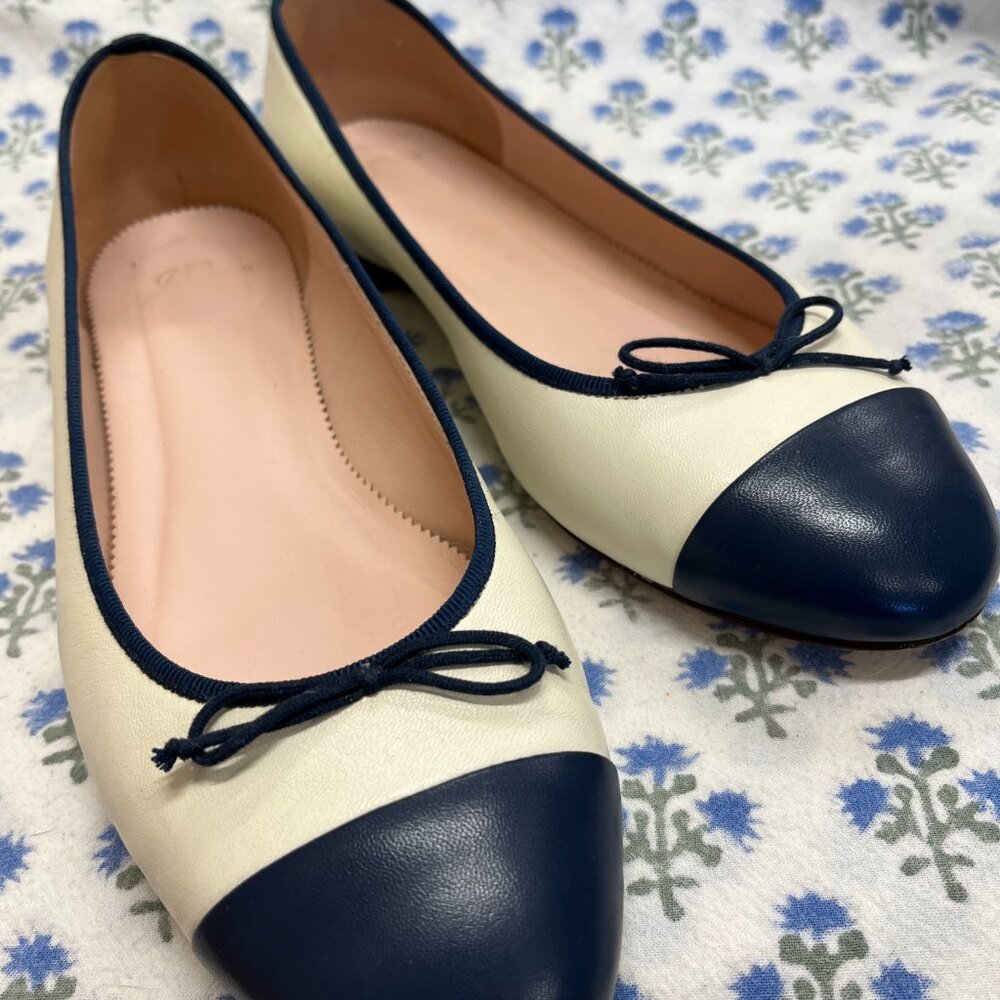 New J.Crew Kiki Ballet Flats Ivory & Navy Leather - Picture 12 of 14
